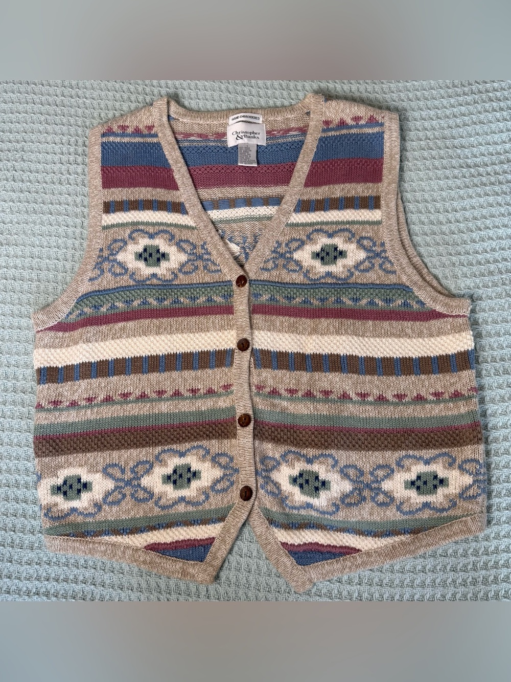 Vintage Hand Embroidered Christopher & Banks Sweater Vest Large Tan Mauve 90s